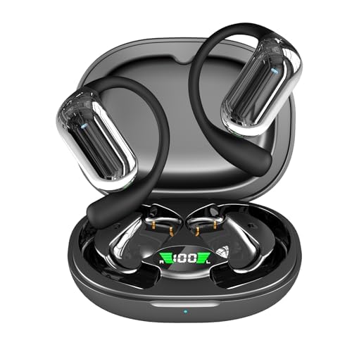 Open-Ear Wireless Headphones Bluetooth Earbuds LED Power Display Charging Case Ear Buds Earhook Over-Ear Earphones for Workout Sports TV Phone Laptop (Black) - color: #01Black