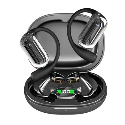 Open-Ear Wireless Headphones Bluetooth Earbuds LED Power Display Charging Case Ear Buds Earhook Over-Ear Earphones for Workout Sports TV Phone Laptop (Black) - color: #01Black