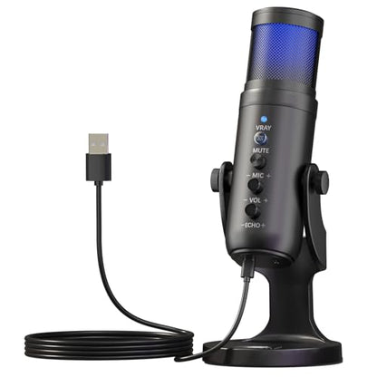 USB Streaming Microphone for PC Laptop | Noise Cancelling, Volume Ctrl, Plug & Play, RGB Light, Monitor Jack, Compatible with PS4 PS5 Mac for Gaming Podcast Creator