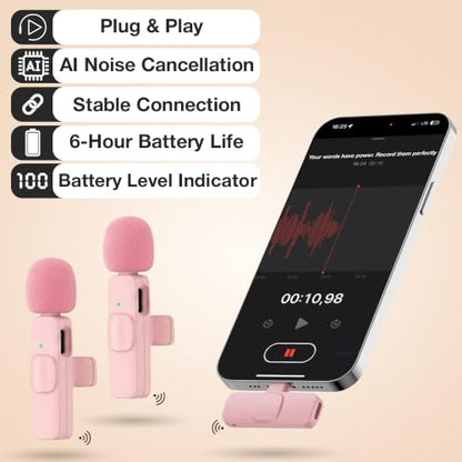 PowerDeWise Wireless Lavalier Microphone for iPhone & Android, 2 Pack Pink Mini Mic, USB-C/Lightning Clip-On Microphone, AI Noise Cancellation, 70FT Range for TikTok YouTube Podcast Vlog - style: Wireless Set Pink