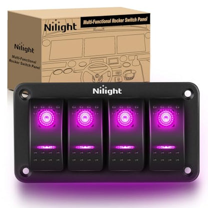 Nilight 4 Gang Rocker Switch Panel w/Purple LED Light 5Pin On Off Pre-Wired | Aluminum Toggle Switches Waterproof for 12V/24V Cars Marine Boats ATVs Trailers RV Trucks - color: Purple, size: 4 Gang