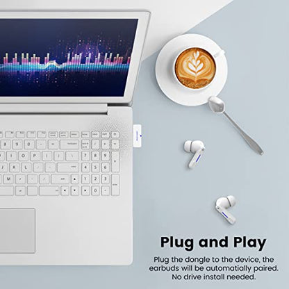 SW4 Wireless Earbuds for PC/Computer/Laptop - App Control - Dongle & Bluetooth - 30ms Low Latency - Headset with Mirophone for PC - Gaming Headset - Work Headphones - Headset for Work (White)