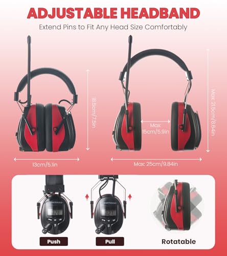 AM FM Radio Hearing Protection Earmuff, Bluetooth 5.4, 30SNR | Rechargeable Hearing Protectors with Gel Earpads, Headphones for Lawn Mowing, Construction, Chainsaw, Landscaping - color: Am/Fm+ Bluetooth-red