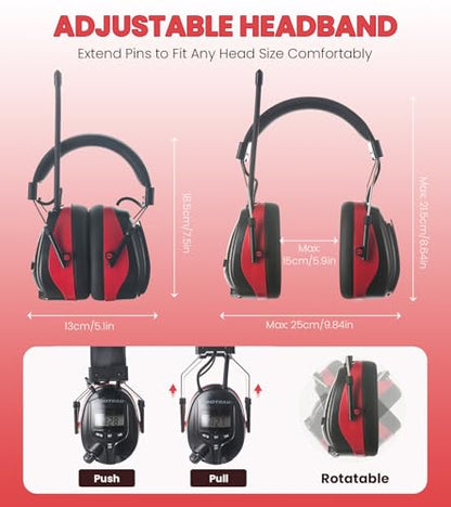 AM FM Radio Hearing Protection Earmuff, Bluetooth 5.4, 30SNR | Rechargeable Hearing Protectors with Gel Earpads, Headphones for Lawn Mowing, Construction, Chainsaw, Landscaping - color: Am/Fm+ Bluetooth-red