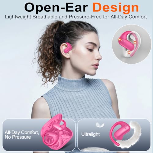 kurdene Open Ear Buds Wireless Earbuds 5.4 Bluetooth Headphones | Deep Bass Sound,smart Touch Control,60Hrs Playtime Earphone with Earhooks for Running, Meeting, Workout-Hot Pink - color: Hot Pink