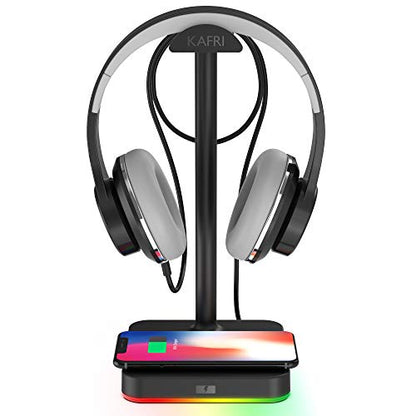 KAFRI RGB Headphone Stand with Wireless Charger Desk Gaming Headset Holder Hanger Rack with 10W/7.5W Fast Charge QI Wireless Charging Pad - Suitable for Gamer Desktop Table Game Earphone Accessories - color: 1.Black