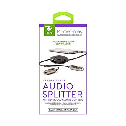 ReTrack ETPRSPLIT Retractable Premier 5-Feet Audio Splitter Cable with Volume Controls, Black/Silver - color: Black/Silver