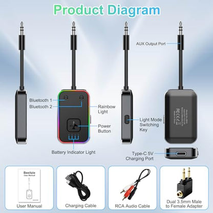 2026 Beeitzie Ultra Airplane Bluetooth 5.4 Transmitter for All Headphones, aptX LL, Supports 2 Headphones/AirPods, Wireless Audio Adapter for in-Flight, TV, Gym, Tablets，Metal Frame - color: Black