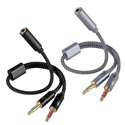 2pcs 2-in-1 Headphone & Microphone Splitter Cable, 3.5mm/0.14in Female to Dual 3.5mm/0.14in Male Audio Adapter Black & Gray Y-Splitter for Gaming Headset PC Laptop Computer Speaker
