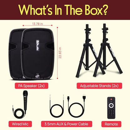 Wireless Portable PA Speaker System - 1800W High Powered Bluetooth Compatible Active + Passive Pair Outdoor Sound Speakers w/ USB SD MP3 AUX - 35mm Mount, 2 Stand, Microphone, Remote - Pyle PPHP1249KT - size: 12 in