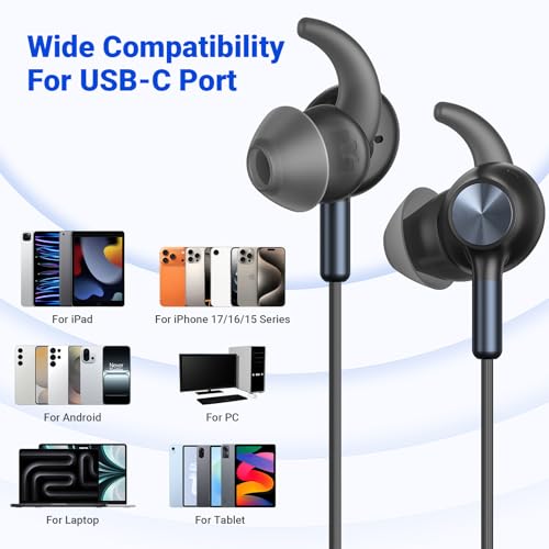 USB C Headphone Wired Earbuds for iPad Pro A16 11th/iPhone 17 16 15