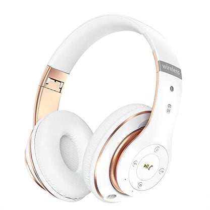 Bluetooth Headphones Over Ear, 6S Foldable Wireless Headphones with 6 EQ Modes, 40 Hours Playtime HiFi Stereo Headset with Mic, Soft Ear Pads, TF/FM for Cellphone/PC/Home (White & Gold) - color: Gold