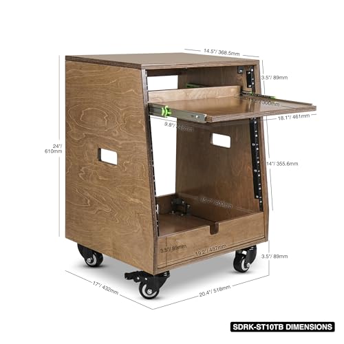 Sound Town DIY Slanted 10U Studio Rack (2U Top + 8U Lower), with 2U Bottom Storage, Slide-Out Tray, Caster, Plywood, Weathered Brown for Recording Room, Home Studio (SDRK-ST10TB) - size: 10U(2U Top + 8U Lower),Weathered Brown
