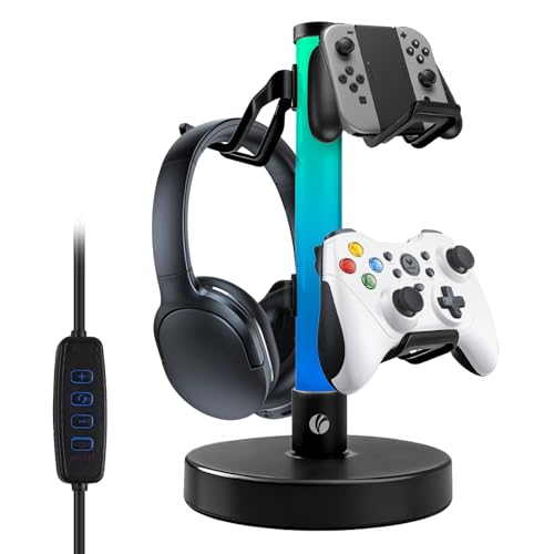 VCOM Headphone Stand with 17 Light Modes, Gaming Controller Holder with Remote Control, PC Gaming Accessories for Desk, Universal Organizer Headpsets/Xbox/PS5 Headset Stand Gamer Gifts