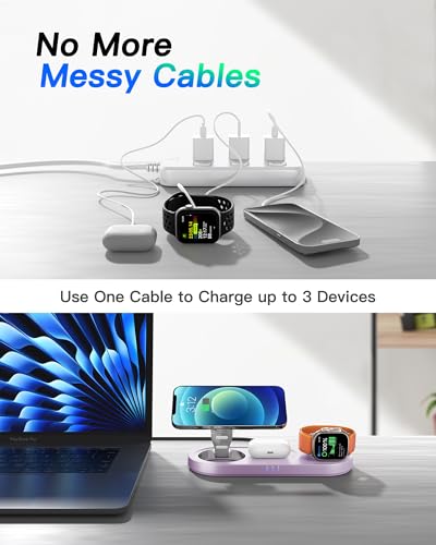 Foldable 3 in 1 Wireless Charging Station for Apple Mag-Safe Charger Stand | Fast Magnetic Wireless Charger Station for iPhone 17 Air 16 15 14 13 12, Apple Watch, AirPods Pro/4/3/2, and More (Purple) - color: Purple