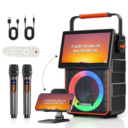 Portable Karaoke Machine with 10.1” Rotatable HD Screen, Wireless Screen Mirroring for iOS & Android, Bluetooth Speaker with Lyrics Display, PA System with 2 Wireless Microphones & LED Lights for Home - size: A119