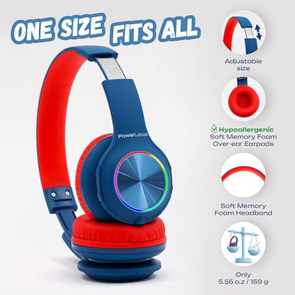 PowerLocus PLED Kids Bluetooth Headphones, Kids Wireless Headphones with LED Lights, 74/85/94dB Safe Volume, Micro SD, AUX Cable, Hi-Fi Stereo, Built-in Mic Over Ear Kid Headphone for Travel/Tablet/PC - color: Blue/Red