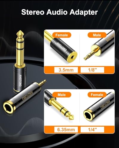 ANDTOBO 1/4 inch to 3.5mm and 3.5mm (1/8'') Plug Male to 6.35mm (1/4'') Jack Female Stereo Pure Copper Headphone Adapter for Amp Guitar, Piano, etc- 2 Pack, Black