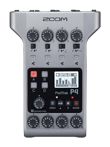 Zoom PodTrak P4 Podcast Recorder with 4 XLR Mic Inputs, 4 Headphone Outputs, Phone & USB Input for Remote Interviews, Sound Pads, 2-In/2-Out USB Audio Interface, Battery Powered | Phone and USB Input for Remote Interviews, Sound Pads, 2-In/2-Out USB Audio