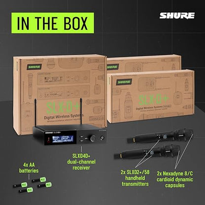 Shure SLXD24D+ Dual Wireless System with Nexadyne 8/C - G57 Band | Dual system with SLXD4D+ receiver and two SLXD2+ handhelds; Bluetooth monitoring for live vocals - style: Nexadyne 8/C Capsule