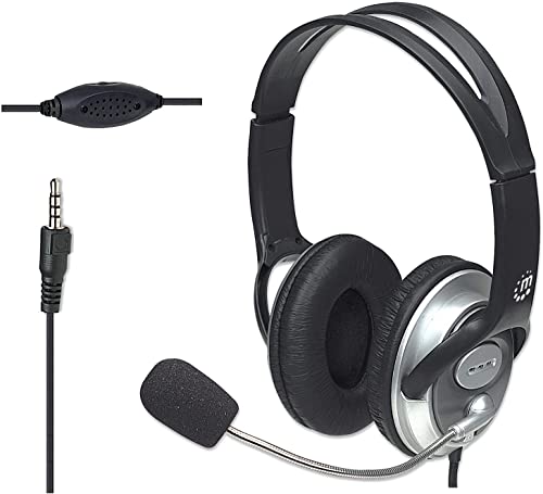 MANHATTAN Wired Stereo Headset with Mic, 3.5 mm Plug, 8 ft Cable | Over-ear fit with padded earcups, adjustable band and boom, pop-noise reduction, 32-ohm audio for calls and gaming