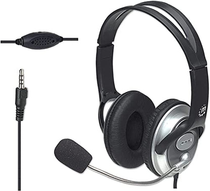 MANHATTAN Wired Stereo Headset with Mic, 3.5 mm Plug, 8 ft Cable | Over-ear fit with padded earcups, adjustable band and boom, pop-noise reduction, 32-ohm audio for calls and gaming