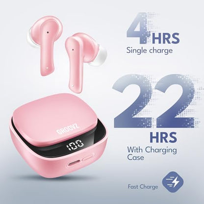Groovz True Wireless Earbuds with Charging Case - Designed and Engineered in The USA - IPx4 Water Resistant Bluetooth Earbuds Compatible with Apple and Android - 27Hrs Battery Life - Light Pink - color: Pink