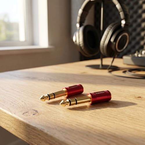 MOBOREST 1/4 to 3.5mm (1/8") Jack Headphone Adapter Audio Converter –2RED | 6.35mm Male to 3.5mm Female adapter Pure Copper connectors for lossless TRS sound, guitar amp, piano, keyboard, mixer, studio - color: 2RED