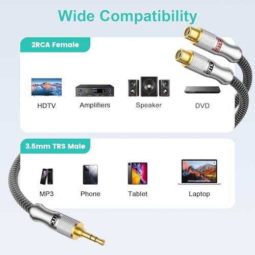 EMK 3.5mm Male to 2RCA Female Jack Stereo Audio Cable RCA to Aux Cable Gold Plated RCA Y Splitter for Smartphone,MP3,Tablets,HiFi Stereo System 1Ft/0.3M - color: 3.5mm Male to 2 RCA Female Silver, size: 1 Ft/0.3M, style: 3.5mm to 2RCA