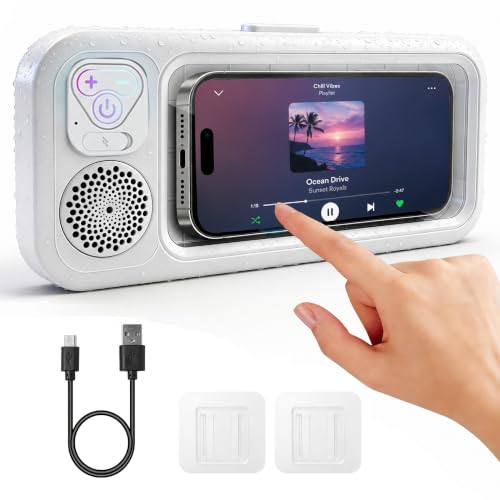 Shower Phone Holder with Wireless Bluetooth Speaker, 360° Rotating Bathroom Phone Mount with Speaker, 2026 New Waterproof Shower Phone Case for Any Phone, Fits Most Smartphones (White)