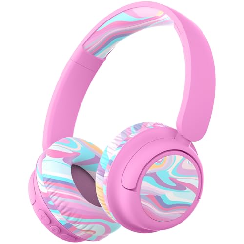 iClever BTH22 Kids Bluetooth Headphones for Toddler Travel, 60H Play Time | SafeSound Tech3.0, Stereo Sound, USB C Fast Charging, AUX Cable, Kids Wireless Headphones for Girls/Boys/Tablet/PC/School - color: Pink-Stripe