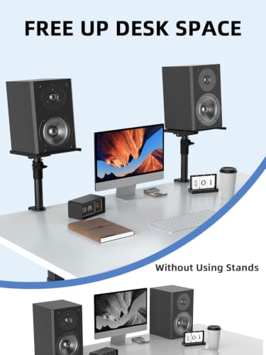 suptek Clamp-on Speaker Stand Desk Mount, Height Adjustment, Swivel, Tilt, 9.6 x 8.8 in Trays, Universal Audio Holders for Bookshelf Speakers, Elevated Sound, Against the Wall, 2 Pack, Black, SDM001KT - size: Tilt Speaker Stands Against the Wall
