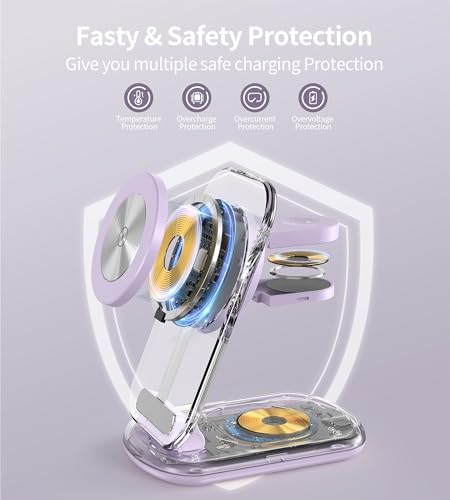 3 in 1 Magnetic Wireless Charging Station for Apple Devices | Fast Travel Charger Stand with Night Light for MagSafe-enabled iPhone 17 16 15 14 13 12 Series, Apple Watch/AirPods Pro, PU - color: Purple