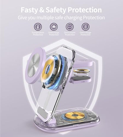 3 in 1 Magnetic Wireless Charging Station for Apple Devices | Fast Travel Charger Stand with Night Light for MagSafe-enabled iPhone 17 16 15 14 13 12 Series, Apple Watch/AirPods Pro, PU - color: Purple
