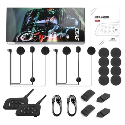 EJEAS V4 Plus Helmet Communication System, Motorcycle Bluetooth V5.1 Headset 1500m Helmet Intercom with Noise Reduction/3D Sound/FM Radio/Hands-Free, Ideal for 2 to 4 Riders Group Talking (2PCS) - size: V4-2