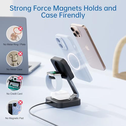 2026 Traveling Wireless Mag-Safe Fast Magnetic 3 in 1Charging Station | with iPhone 17 16 15 14 13 12 Pro Max Plus,Apple Watch Series & Air pods 4 3 2 Pro-Gifts for Wife & Husband(Black) - color: Black
