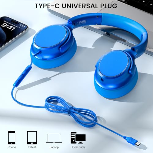 USB C Wired Over-Ear Headphones with Microphone | Volume Control, Share Port, Adjustable Headband Foldable Stereo Headset for Adult/Teens for iPhone 16, Laptop, Gaming, Travel - color: Sky Blue