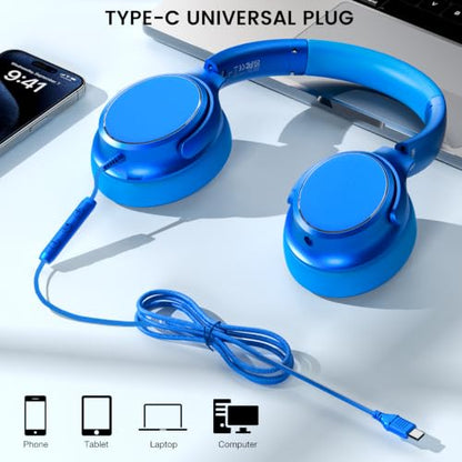 USB C Wired Over-Ear Headphones with Microphone | Volume Control, Share Port, Adjustable Headband Foldable Stereo Headset for Adult/Teens for iPhone 16, Laptop, Gaming, Travel - color: Sky Blue