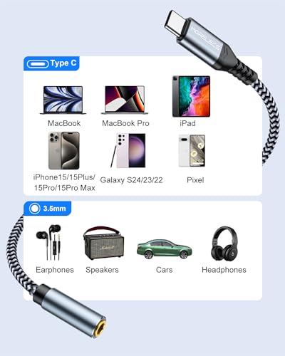 USB C to 3.5mm Audio Adapter - Headphone Jack to USB-C Dongle, Hi-Res DAC Type-C to Aux Female Adapter for Car & Home Stereo, Compatible with iPhone 15/16/17 Series, Galaxy S25, S24, Pixel 10, 9, iPad