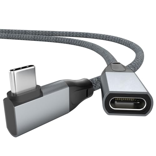 USB C Extension Cable Right Angle 3.3FT/1M, USB-C 3.2 Female to Male Cable | 20Gbps Data Transfer, 4K@60Hz Video Output, 90 Degree Type C Extender for iPhone 17 16, MacBook Pro Air, Magsafe Charger - color: Grey, size: 3.3ft