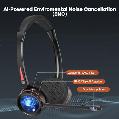 ENC Wireless Headset with Microphone for Mobile, Bluetooth Headset with Noise Cancelling Mic, USB Dongle & Charge Base for Office Work, for Calls Teams Zoom Webex Meeting, Telework