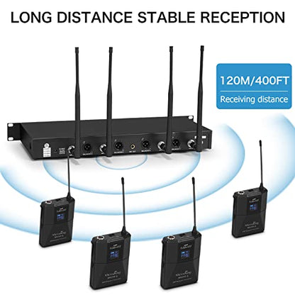 MicrocKing Wireless Microphone System 4 Bodypacks for Church Stage Class | UHF fixed, 400ft, 4 bodypacks (lav/head/lapel) for concert/class/church - style: 4 Bodypack mics