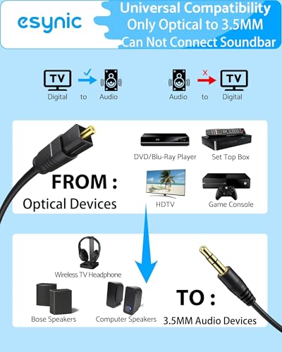eSynic Portable Optical to 3.5mm/Aux Adapter-7 FT Long-192KHz DAC Converter-Metal Shell-Built in Amplifier Chip-Easy to Setup- from HDTV/Blu-Ray/Gaming Console to 3.5MM Audio Speaker & Headphone