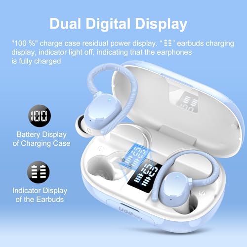 Ear buds Wireless Bluetooth Earbuds Sport 128H Playtime 2026 NEW Bluetooth 5.3 Headphones with LED Display Powerful Bass Over Ear Earphones with Earhooks IP7 Waterproof for Gym/Running/Workout - color: Sky blue