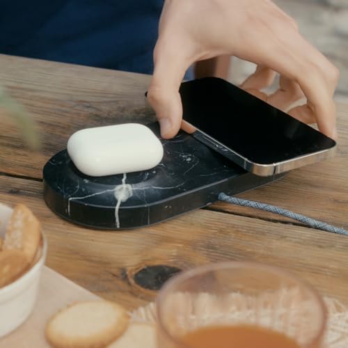 Einova Dual Classic Stone – Dual Wireless Charging Pad in Genuine Marble, Designed in Italy, Integrated 6 ft USB-C Cable, Smartphones, Wireless Earbuds, Smartwatches – Black Marquina Marble - color: Black Marquina marble – Dual Classic Stone