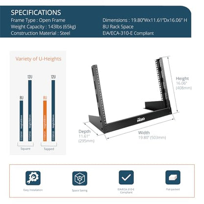 Tecmojo 2 Post 8U Desktop Sever Rack Small Open Frame Rack for 19 inch AV/Data/Audio/Studio Equipment Free Standing Home/Office Rack,Tapped Hole, Black - size: 8U/Tapped Hole