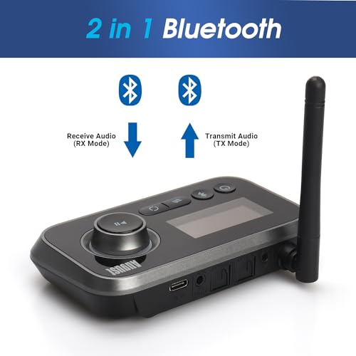 August MR280 Bluetooth 5.0 Audio Transmitter Receiver | Dual Connection for TV Headphones and Hifi Speakers, Multipoint, Low Latency, Stereo, Volume Control, Optical RCA Jack 3.5mm