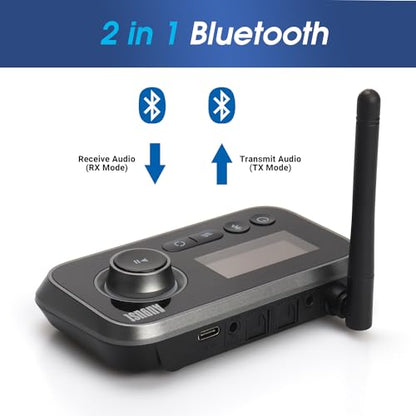 August MR280 Bluetooth 5.0 Audio Transmitter Receiver | Dual Connection for TV Headphones and Hifi Speakers, Multipoint, Low Latency, Stereo, Volume Control, Optical RCA Jack 3.5mm