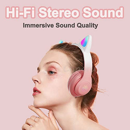 Kids Wireless Bluetooth Headphones with Microphone for School/Travel/Tablet | Cat Ear Headphones; Over Ear Headphones - color: New Pink
