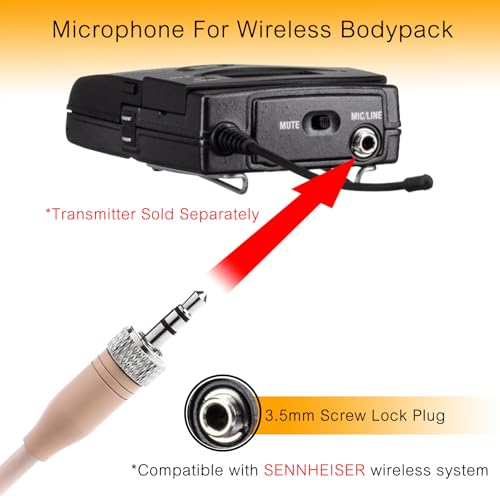 Headset Microphone Compatible with Sennheiser Wireless Bodypack 3.5mm Lock | Omnidirectional condenser capsule with hidden over-ear fit, windscreen, clear audio for stage, church, podcast, broadcast